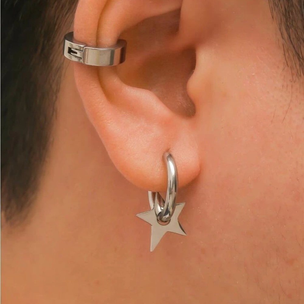 Silver 3/$30 Star Hoop 2pc Ear Cuff Earring Set